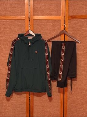 Fila Dark Green Hooded Pullover with Black Logo-Trim Track Pants